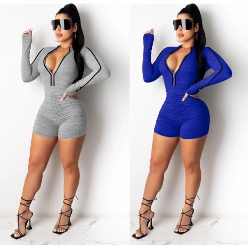 Sexy Pleated Zip Slim One-Piece Nightclub Uniforms European and American clothes plus size gray blue