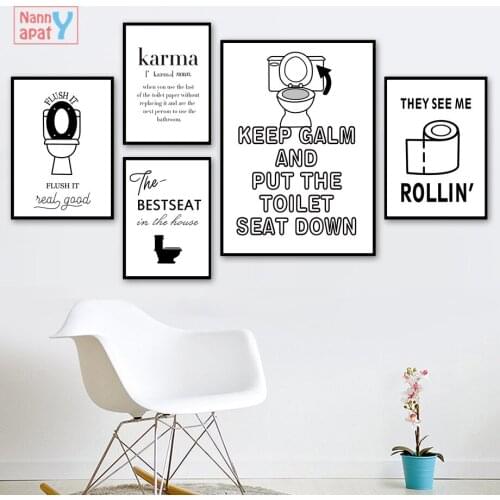 Wc Toilet Paper Karma Quote Funny Poster Black And White Wall Art Canvas Painting Bathroom Wall Pictures Modern Home Decoration