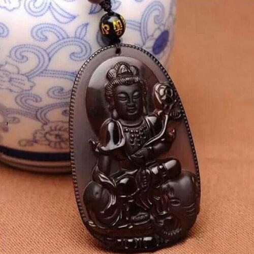 Jade Jewelry Natural Black Obsidian Buddha,Lucky Amulet Pendant Necklace for Women Men Party Gift