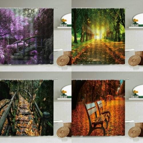 Natural Scenery Shower Curtain Autumn Forest Park Trees Wooden Bridge Road Landscape Bathroom Decor With Hook Waterproof Screen