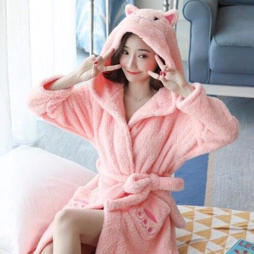 Winter Coral Fleece Hooded Women Sleepwear Ladies Cartoon Animal Pajamas Thicken Warm Flannel Soft Night Dress Female Nightgown