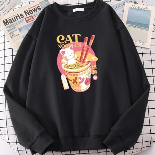 Permium Cat Moodles Kawaii Print Clothes Womens Fashion Print Streetwear Creativity Fleece Hoodies Female Pullover Loose Hoody