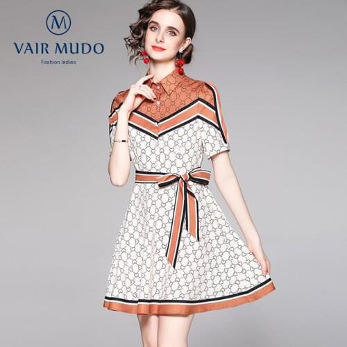 Ladies Skirt Fashion All-Match Waist Slimming Positioning Printing Short-Sleeved Dress With Belt Shirt Sleeve Elegant FemaleY-77