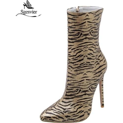 Sgesvier 2020 new arrival women ankle boots zebra zip autumn winter boots pointed toe thin high heels party wedding shoes woman