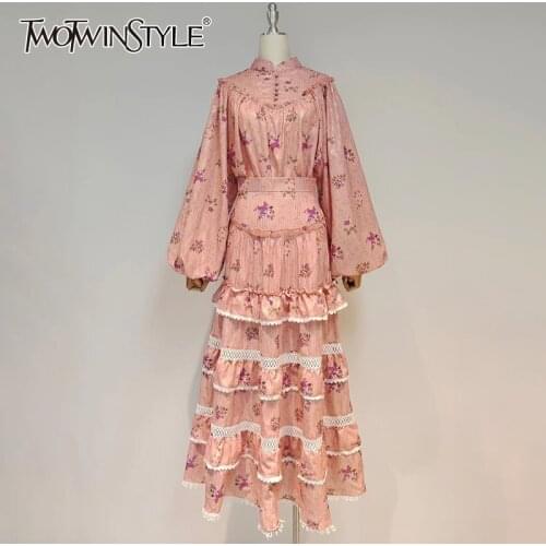TWOTWINSTYLE Casual Pink Two Piece Set For Women Stand Collar Lantern Long Sleeve Tops High Waist Midi Skirts Print Sets Females