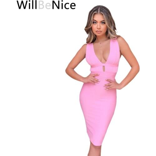 Willbenice Bandage Bodycon Dress Women Sexy Deep V Neck Hollow Out Club Dress Cut Out Bandage Party Dress Celebrity Plus Size