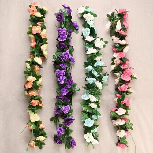 2.4m Silk Artificial Roses Flowers Rattan Green Ivy Leaves Flower String Vine for Wedding Arch Garden Decor Wall Hanging Garland