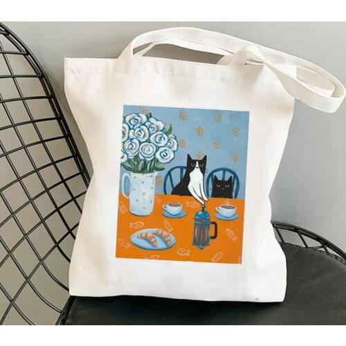 2021 Shopper French Press Coffee Cats Printed Tote Bag women Harajuku shopper handbag girl Shoulder shopping bag Lady Canvas Bag