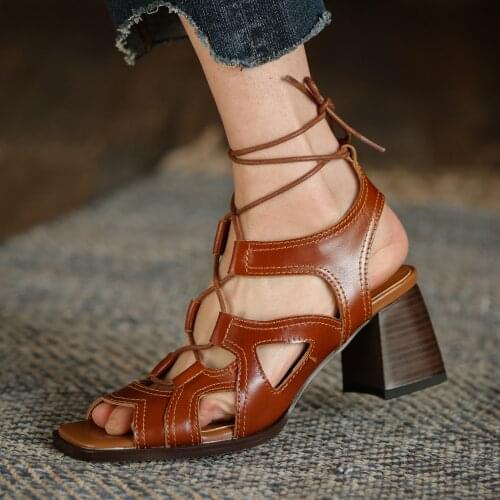 2021 New Womens Genuine Leather Sandals High Heel Ladies Summer Shoes Square Heels Girls Strappy Sandalias Brown/Khaki 33-40