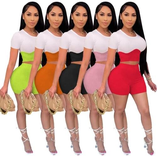 Adogirl Color Patchwork Two Piece Set Woman O Neck Short Sleeve T-Shirt And Biker Shorts 2021 Summer Casual Sporty Wear Outfits