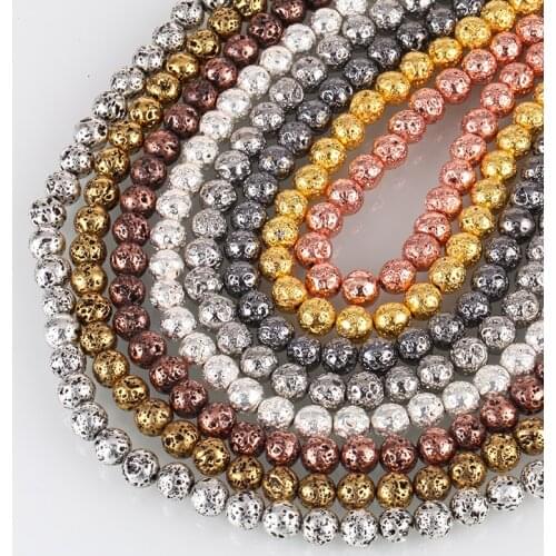8mm Natural Lava Stone Beads For Jewelry Making DIY Bracelet Gold steel Rose gold Electroplated Lava Rock Round-full strand