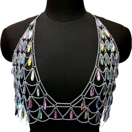 Crystal Beaded Disco Exotic Tanks Crop Top Chain Bra Halter Necklace Rave Bikini Bra Festival Costume Wear Night Party Jewelry