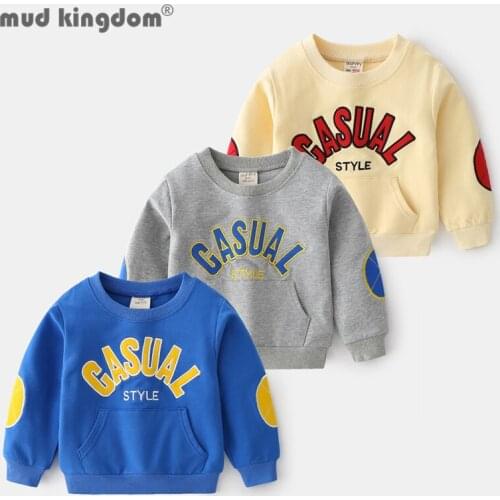 Mudkingdom Kids Sweatshirts Letter Patch Long Sleeve Pocket Crew Neck Embroidery Pullover Tops Boys Spring Autumn Casual Clothes