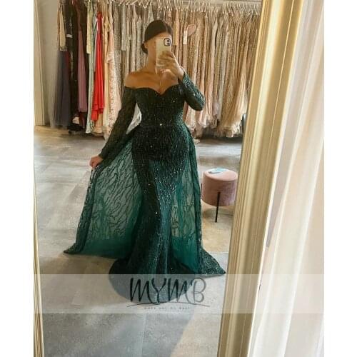 MYMB Exclusive Green Evening Formal Dresses Off Shoulder Lace Applique Detachable Skirt Prom Party Gowns With Sleeves Plus Size