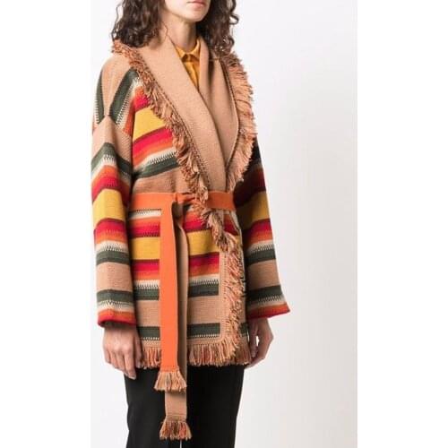 Jastie 2021 Autumn And Winter Sweater Jacket Wool Rainbow Striped Sweater Cardigan Cartoon Jacquard Knit Mid-length Coats Tops