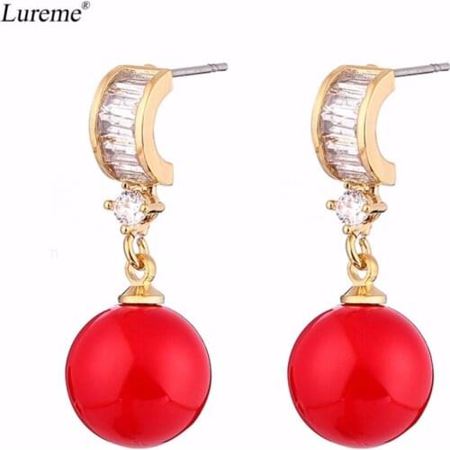 Lureme Fashion 12mm Red Shell Pearl Earrings with CZ Dangling for Women and Girls (er005958)