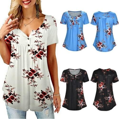 Fashion Women Ladies Flower Casual Baggy Fit V Neck Top Turn Up Loose Oversized Tee Size Summer Tops