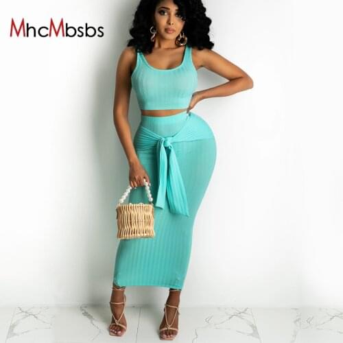 Skinny Sexy Long Skirts Outfits Solid Color Lace Up Bandage Casual Suit Women Two Piece Set Female Crop Top 2021 Summer Clothes