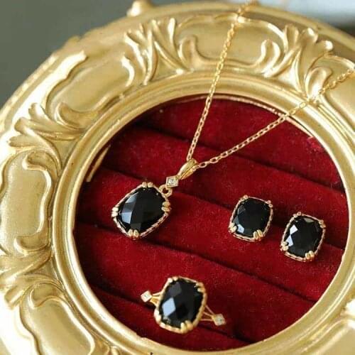 Original innovation silver inlaid natural black agate earrings necklace opening adjustable ring charm ladies brand jewelry