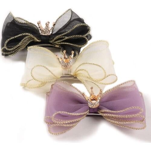 Shining Crown Bowknot Baby Girls Hair Clips Fashion Three Layer Organza Bows Toddler Hairpins DIY Children Headwear Photo Props