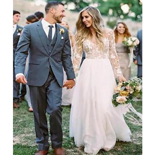 A-Line Wedding Dresses V Neck Sweep / Brush Train Long Sleeve Sexy Plus Size with Lace Embroidery 2021