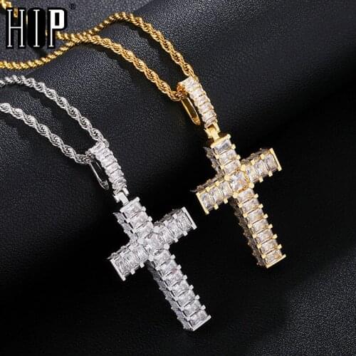 Hip Hop Baguette Cross Iced Out Bling Cubic Zircon AAA+ CZ Necklaces & Pendants For Men Jewelry With Solid Back