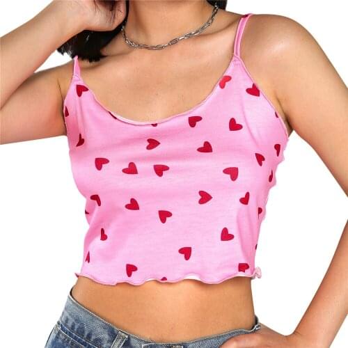 Women Summer Fashion Tanks Full Heart Printed Spaghetti Straps Ruffled Slim Crop Tops Girls Club Bodycon Sweet Camisole Pink