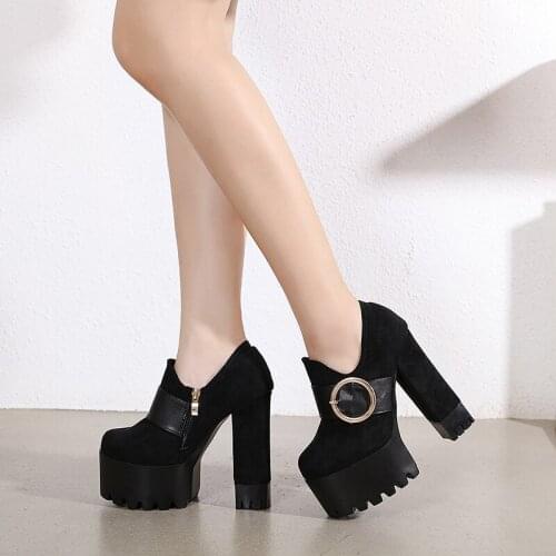 Women Lacing High Heel Ankle Boots Platform Female Boots Shoes Buckle Round Toe Ladies Party Shoes Rubber Sole Promotion