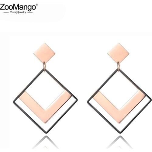 ZooMango Creative Stainless Steel Geometry Hollow Square Earrings For Women Trendy OL Style Ear Jewelry Anniversary Gift ZE19045