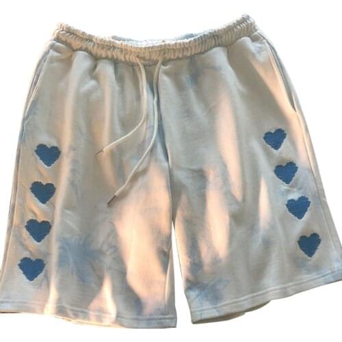 Womens Summer Drawstring Elastic Waist Long Shorts Harajuku Gradient Color Heart Embroidery Sports Loose Sweat Shorts