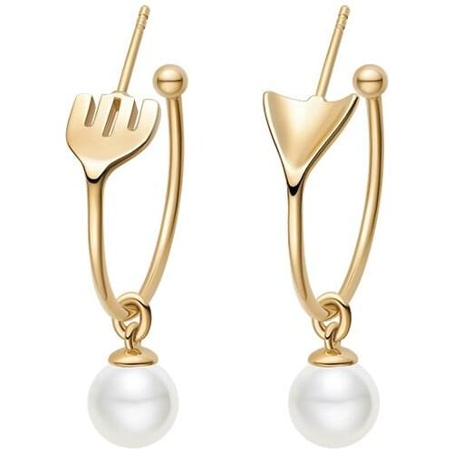 SLJELY Fashion S925 Sterling Silver Gold Color Personality Tableware Hoop Earrings with Pearls for Women Fine Party Jewelry Gift