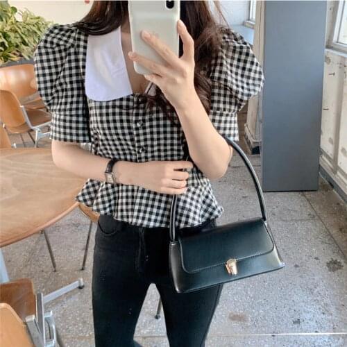 Alien Kitty New Classic Color Hit Plaid Cute High Waist 2020 Women Elegance Sweet Chic Cardigans Puff Sleeves Short Shirts