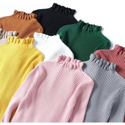 2020 Fall Winter Sweater Ruffles Half Turtleneck Women Sweaters Solid Female Slim Sexy Knitted Thick Pullovers Pink White Green