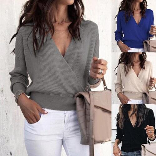 Autumn Winter Solid Color Deep V Cross Front Women Long Sleeve Sweater Knitted Sweater Pullover Knitted Casual Streetwear