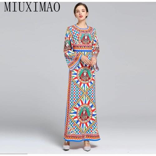 High Quality 2019 Runway Designer O-Neck Full And Flare Sleeve Figure Print Elegant Casual beach dress Long Dress Women vestido