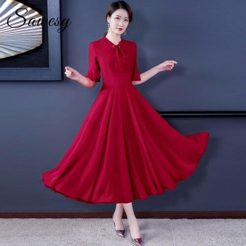 Korean Elegant Plain Plus Size Chiffon Casual Dresses Women Summer Short Sleeve Big Size Long Dress Red Black