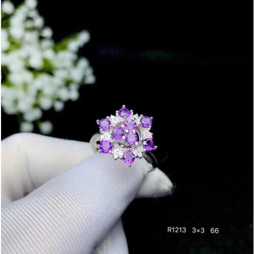 100% 925 Sterling Silver Round Natural And Real Amethyst Wedding Engagement Rings For Women