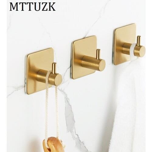 304 Stainless Steel Brushed Gold Robe Hook Self-adhesive Towel Hook Wall Mount Towel Robe Coat Hat Door Hanger Hook For bathroom