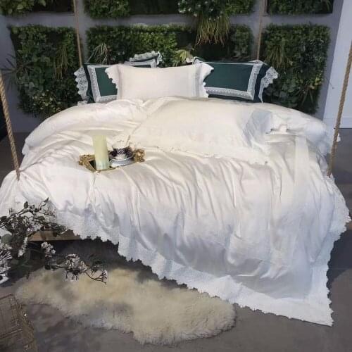 4pcs Luxury 120S White Green Lace Egyptian cotton Royal Bedding set Queen King Wedding Duvet cover Bed sheet set Pillowcase