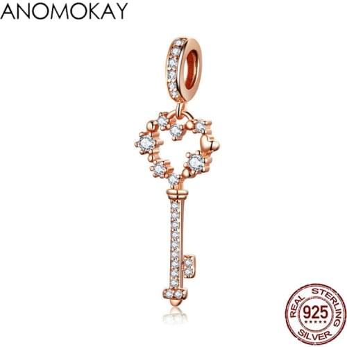 Anomokay 925 Sterling Silver Romantic Heart Key Bead Pendant fit Bracelets Necklace S925 Silver Rose Gold Key Bead DIY Jewelry