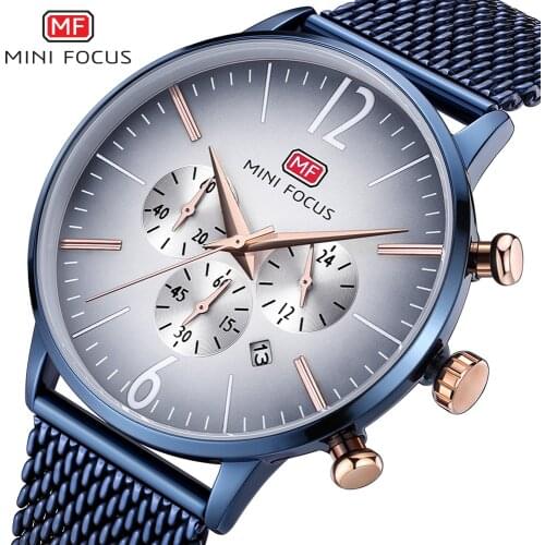 MINI FOCUS Military Watch Men Dress Quartz Clock Blue Ultra Thin Mesh Strap Waterproof Casual Chronograph Calendar Wristwatches