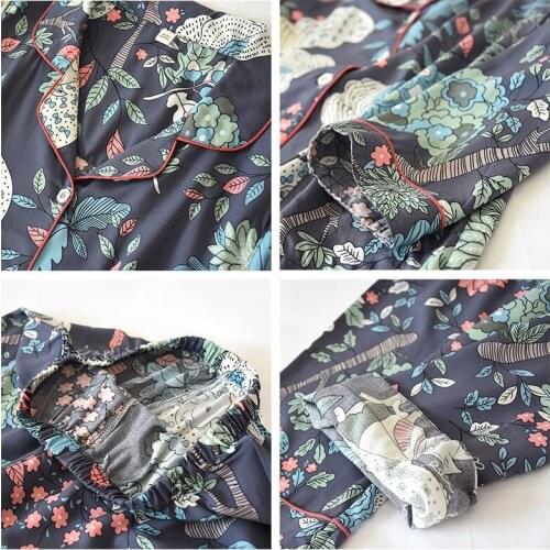 Lapel Homewear Cotton Womens Pajamas Suit Button Floral Printed Sleepwear Set Long Sleeve 2 Pieces Shirts + Pants Female Pijama