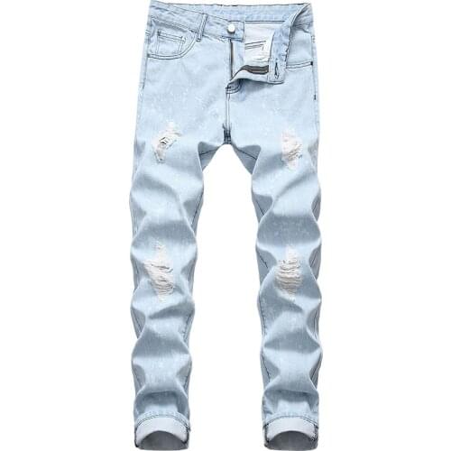 Blue Jeans Men Spring Summer Stretch Slim Jean Pants Hole High Quality Men Cotton Casual Denim Jeans Long Jean Pants