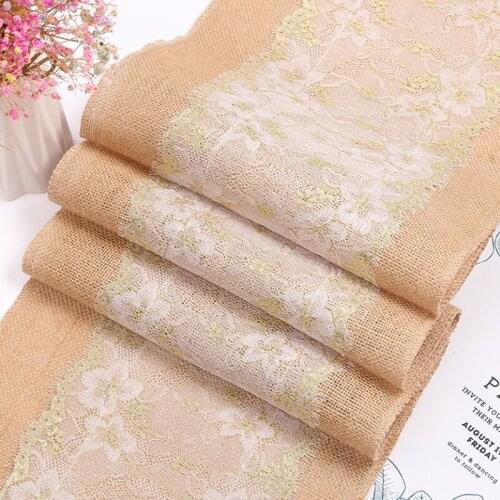 Jute Table Runner Vintage Natural Burlap Shiny Lace Table Runner for Wedding Christmas Birthday Party and Hotel Decoration