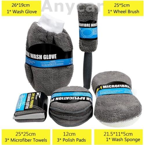 Car Cleaning 9Pcs/Set Auto Care Wash Cleaning Tool with Microfiber Towels Applicator Pads Wash Sponge Wash Glove Wheel Brush