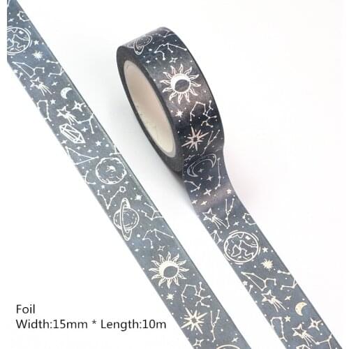 NEW 10pcs/lot 15MM*10m Silver Foil Starry Sky Moon Stars Washi Tape Scrapbooking Masking Tape Office Adhesive Kawaii Stationery