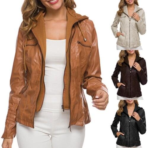 Leather jacket women Plus Size Women Faux Leather Pocket Motor Jacket Solid Color Zipper Slim Outwear кожаная куртка женская