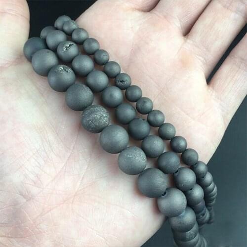 Natural Black Metallic Coated Druzy Agates Round Loose Stone Beads For Jewelry Making DIY Charms Bracelet Necklace 15'' 6/8/10mm