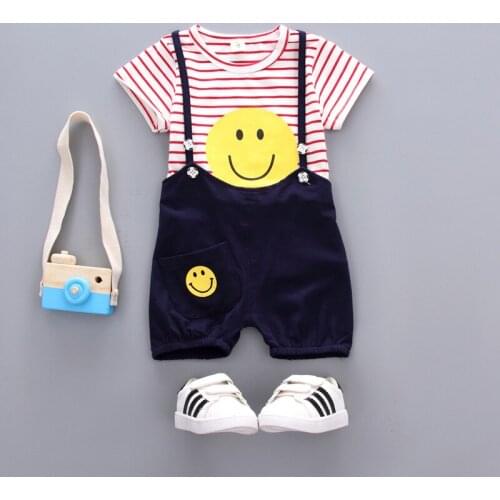 Baby Girls Summer Set Top Cotton Striped T-shirt+Suspender Trousers Pant 2 Pcs Smile Short Sleeve Outfit Toddler Sets