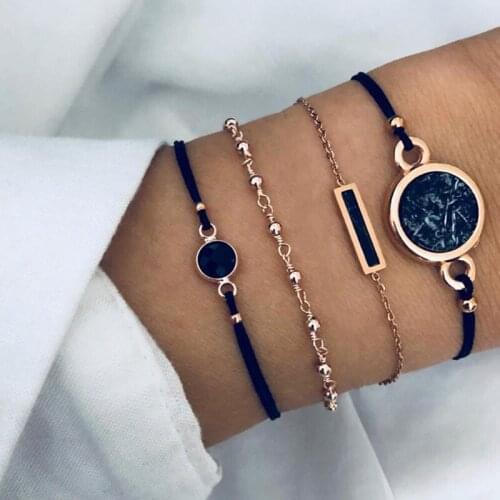Fashion Personality Hand Decorative European And American Style Black Handmade Chain Geometric Bracelet Set For Women In 2021